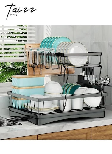 2-Tier Large Dish Drying Rack for Kitchen Counter, Free-Standing Dish Rack with Drainboard, Utensil Holder, Cup Rack, and Automatic Drainage System 16.5x11.9x12.7in - Black