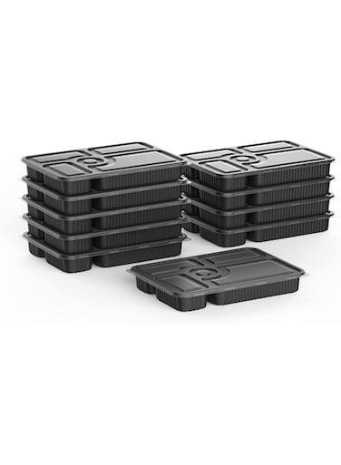 Cosmoplast 5 Compartments Pack Of 10 Black Meal Containers With Clear Lids, Trmtc5Wlppbs10, Microwave Container