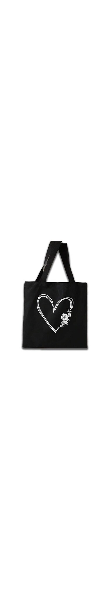Canvas Tote Bag, Black with White Heart and Floral Design, Reusable Shopping Bag