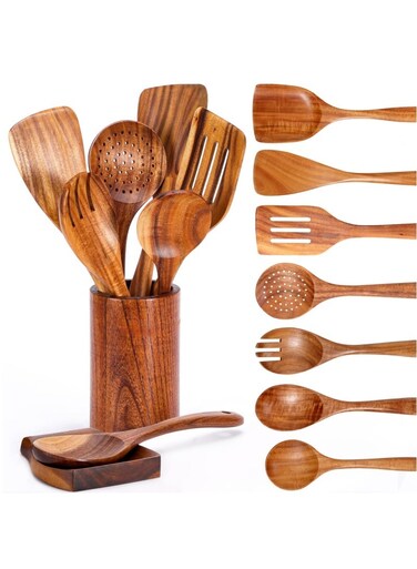 9Pcs Wooden Cooking Spoon Set,Natural Teak Wooden Kitchen Utensil Set,Wooden Spoons for Cooking with Spoon Rest,Nonstick Cookware, Sturdy, Lightweight &amp; Heat Resistant
