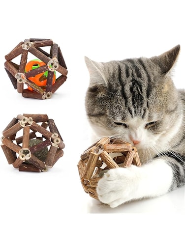 MAKINGTEC Catnip Toys, Natural Rattan Sticks Catnip Balls and Bell Balls, Indoor Sounding MolarToys, Teeth Cleaning Chew Toys (2 pcs)