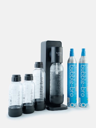bubblebro Origin Sparkling Water Maker Family Pack - Comes with 2 x 60L CO₂ Cylinders, 1 x additional 1L BPA-Free Bottle with 2 x 500ML BPA-Free Bottles - Easy to Use Soda Maker Machine (Black)