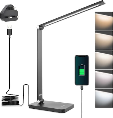 مصباح مكتب LED، مصباح نهاري من الألمنيوم بتحكم باللمس، مصباح طاولة قابل للتعتيم والعناية بالعين وقابل للطّي للعودة إلى المدرسة، المكتب، غرفة النوم، العمل، القراءة، هدية (أسود)