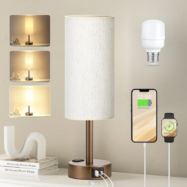 Cream Brown Bedside Table Lamp for Bedroom - 3 Way Dimmable Touch Lamp USB C Charging Ports and AC Outlet, LED Bulb Included