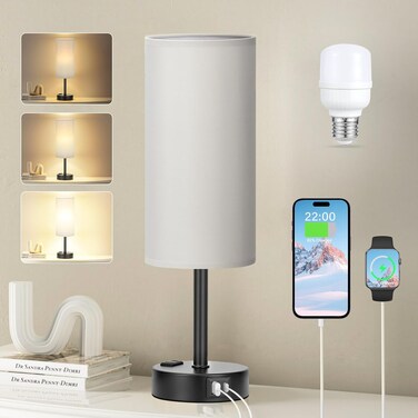 Grey Black Touch Bedside Lamp for Bedroom - 3 Way Dimmable Table Lamp USB C Charging Ports and AC Outlet, Small Desk Lamp for Living Room, Office, LED Bulb Included