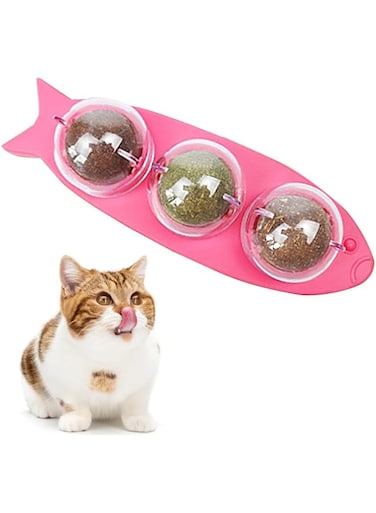 JOYPAWS 3 Silvervine Catnip Balls, Detachable Catnip Wall Ball Toys, Rotatable Edible Kitty Toys for Cats Lick, Safe Healthy Kitten Chew Cleaning Teeth Treats Toys 3 in 1 Pink