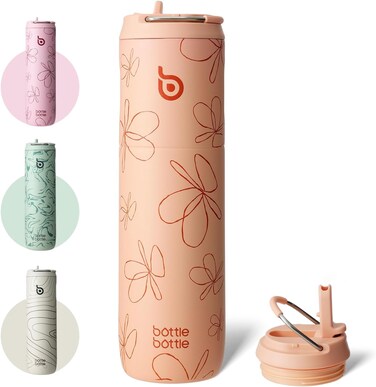BOTTLE BOTTLE Insulated Water Bottle 24oz with Straw Lid and Handle for Sports Travel Gym Stainless Steel Water Bottles Double-Wall Vacuum Metal Leak Proof BPA-Free (Petal Passion)