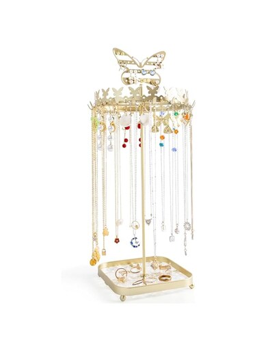 Jewelry Organizer Stand, Gold Necklace Bracelet Holder Tree, 18 Hooks Earring Organize with 44 holes, Metal Aesthetic Jewelry Display Towers for Rings Storage