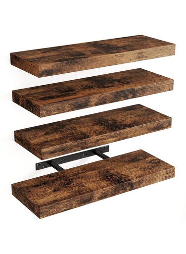 Set of 4 Rustic Brown Floating Wall Shelves, 40CM, Wood Finish, Invisible Brackets, for Bathroom, Living Room, Bedroom, Kitchen Decor.