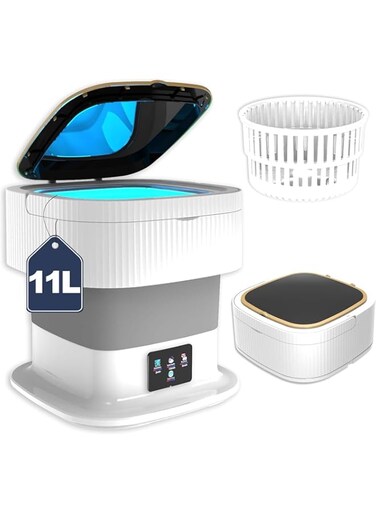Odluzy Portable Washing Machine, 11L Large Intelligent Laundry Foldable Mini Washing Machine with Drain Basket Washer for Baby Clothes, Underwear, Socks (White)