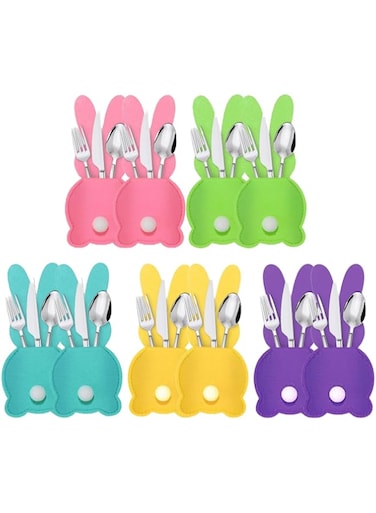 10 Pcs Easter Bunny Utensil Cutlery Holder Pouch Bags Silverware Sleeves for Knives Spoons and Forks Perfect for Easter Table Decorations Special Occasions Birthday Parties and Holiday Celebration