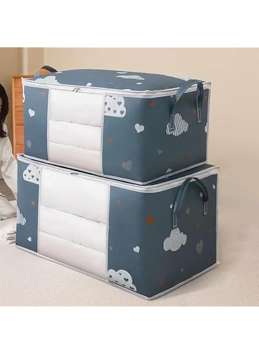 Large Clothes Storage Bag with Clear Windows and Strong Zipped Handles, Blanket, Bedding (Set of 2) (55X35X25 CM, NAVY BLUE)
