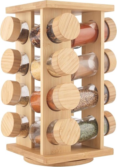 Spice Wooden Rack Organizer with Glass Jars &amp; Bamboo Lid - 16 Jar 360&deg; Rotating, Compact and Durable Kitchen Storage Solutions, 16 Jar Spice Cruet Set, Kitchen Counter Top Organizer. (16)