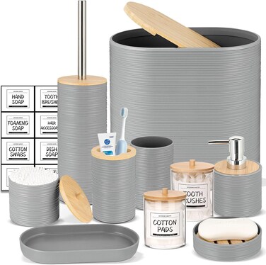 10 Piece Grey Bamboo Plastic Bathroom Accessories Set