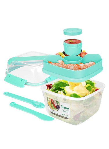 Layer 55oz Salad Lunch Box with Cutlery LeakProof BPAFree 3Compartment Tray for Toppings and Snacks