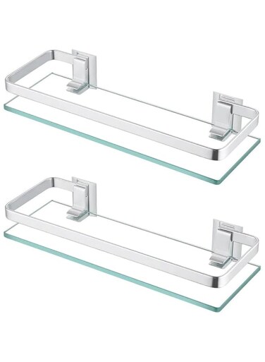 Bathroom Glass Shelf Aluminum Tempered Glass 8MM Extra Thick 2 Pack Rectangular 1 Tier Storage Organizer Wall Mount Silver