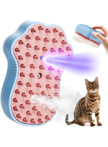 CENXI Cat Steam Brush for Shedding, 4 in 1 Steamy Cat Brush with Cleanser, Dog Massage Grooming Brush with Release Button, Pet Hair Cleaning Misting Comb for Kitten