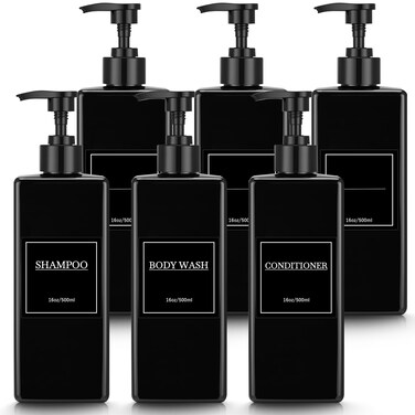 Tanlade 6 Pcs Shampoo Pump Bottles 16 oz, Rectangular, Black