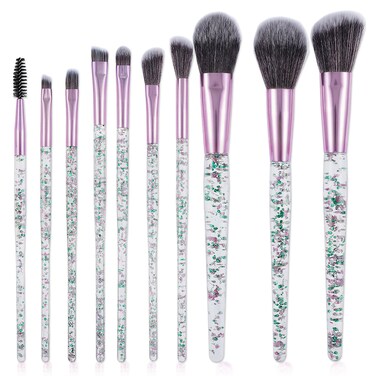 salbsever 10 PCS Glitter Makeup Brushes Cute Makeup Brushes Bling Crystal Blending Brush Professional Concealer Eye Shadow Eyeliner Blush Lip Blending Synthetic Brush Tools Kit