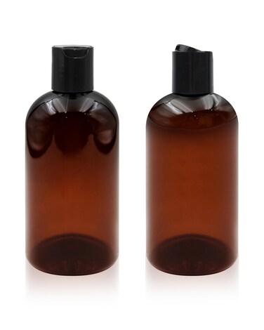 Neendohome 2-Pack 8 oz Empty Plastic Squeeze Bottles, Amber, Black Disc Cap