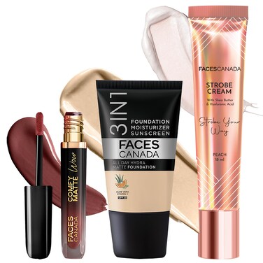 FACESCANADA FACES CANADA Date Night Glow TrioStrobe Cream - Peach (18mlHydra Matte Foundation - Rose Ivory (18mlComfy Matte Wow Liquid Lipstick - Cocoa Crush (3.8mlIlluminatingGlowing Makeup Kit