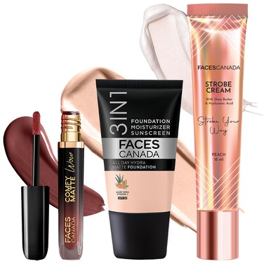 FACESCANADA FACES CANADA Soft Glam EssentialsPeach Strobe Cream, 18mlHydra Matte Foundation - Absolute Ivory, 18mlComfy Matte Wow Liquid Lipstick - Cocoa Crush, 3.8mlIlluminatingGlowing Makeup Kit
