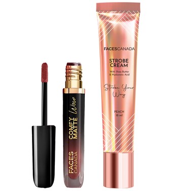 FACESCANADA FACES CANADA GlowGlam Duo: Comfy Matte Wow Liquid Lipstick - Cocoa Crush, 3.8mlPeach Strobe Cream Mini, 18mlMatte FinishInstant Dewy GlowLightweightSmooth ApplicationLong-Lasting