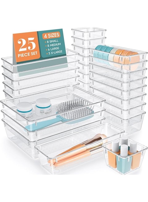 Khazna Clear Plastic Drawer Organizer Set 25 Pcs , 4 Sizes Desk Drawer Divider Organizers and Storage Bins for Makeup, Jewelry, Gadgets for Kitchen, Bedroom, Bathroom, Office