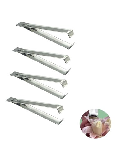 NentMent 4 Pack Garlic Peeler Skin Remover Onion Peeler Tool Odor Free Stainless Steel Easy Quick Garlic Clove Peeling Clip Tweezer Tong for Plucking Cloves Off Bulb Avoid Garlic Smell On Your Hands