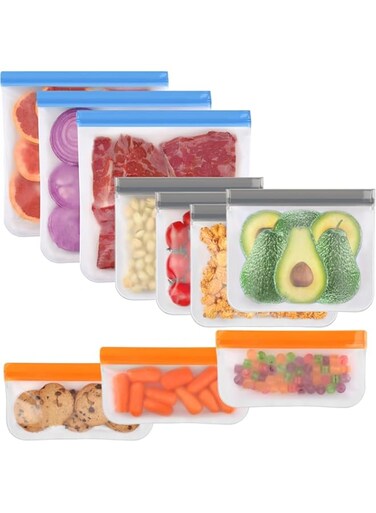 quxup 10 Pack Dishwasher Safe Reusable Bags Silicone, Leakproof Reusable Freezer Bags, BPA Free Reusable Storage Bags for Lunch Marinate Food Travel - 3 Gallon 4 Sandwich 3 Snack Bags