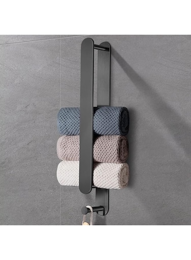 TERRIFI Towel Holder, Strong Self Adhesive Black Towel Rails Wall Mounted Stainless Steel 42.5cm with Hook for Bathroom Kitchen