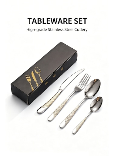 401 Stainless Steel Flatware Set, Mirror Polished Silverware Set with Gold Textured Handle, Cutlery Set Includes Knives, Forks, Spoons for Home, Restaurant, Dishwasher Safe