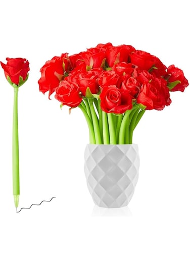 Khazna Artificial Rose Pens Flower Pens Gifts, 12 Pcs Creative Black Ink Pens Bulk Wedding Birthday Party Favors Office School, Decoration Supplies for Women Girls Kids Teacher Nurse