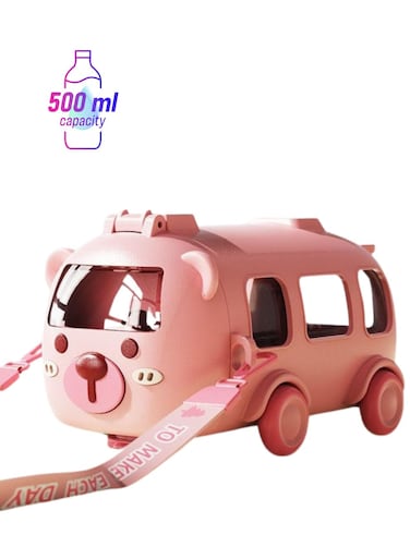 Bus Design Kids Water Bottle with Straw and Stickers, Portable Plastic Drinking Bottle for Girls, School &amp; Camping, with Shoulder Strap ( Pink )