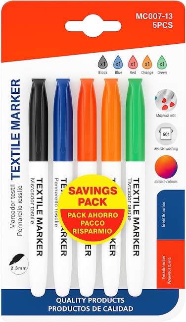 Fitto Textile Marker Set, 5 Piece Mixed Colors, 14 cm, 2-3 mm Tip for Fabric Art and Design