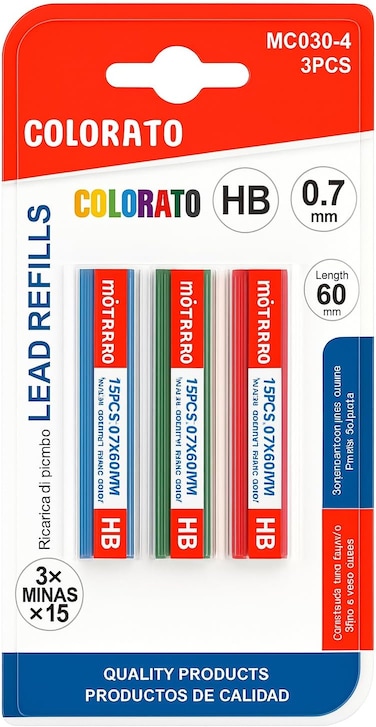 Fitto Lead Refills Colour 3 Pack HB 0.7mm 60mm Height for Mechanical Pencils