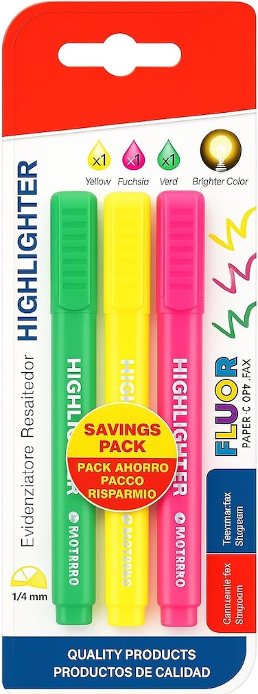 Fitto Highlighter Set 3 Pieces 13.4 cm 1/4 mm Tip for Office and School Supplies