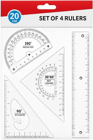 Fitto Set of 4 Rulers - 20cm Scale, Protractor, Triangle, Ruler for School and Office Supplies