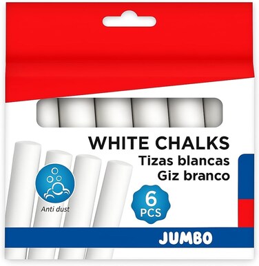 Fitto White Chalk Sticks 6 Pack, 2.5cm x 10cm, Non-Toxic, Dustless for Classroom, Office, Art, Blackboard Use