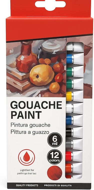 Fitto Gouache Paint Set, 12 Vibrant Colors, 6ml Tubes, Ideal for Artists, Students, and Hobbyists