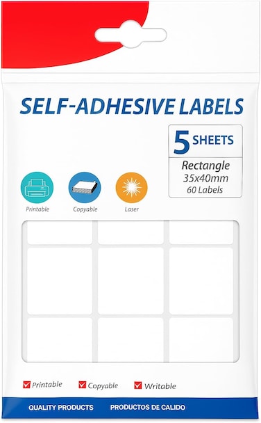Fitto Adhesive Labels 5 Sheets Rectangle 11.5x17cm, 60 Labels 35x40mm for Organizing and Labeling