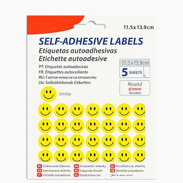 Fitto Adhesive Labels Smile, 5 Sheets, 42 Round Labels, 15mm, 11.5x13.9cm, Stickers for Organizing, Crafting, Office Use