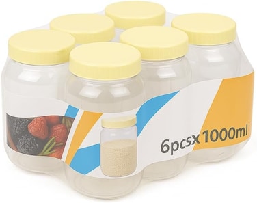 Fitto PET Jar 1000 ML 6PC Set, Clear Plastic Storage Containers with Lids for Kitchen, Pantry, Food Storage