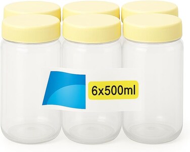 Fitto PET Jar Set 500ml, 6 Piece, Clear Plastic Storage Containers with Lids for Kitchen, Pantry, Food Storage