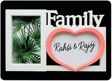 Fitto Family Photo Frame with Dual Picture Slots, Decorative Family Text, Black with White Border and Pink Love Shape