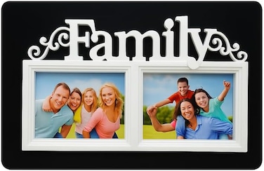 Fitto Family Photo Frame with Dual Picture Slots and Decorative 'Family' Text, Black with White Border