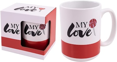 Fitto White and Red Ceramic Mug with My Love Print, Coffee Tea Cup, Romantic Gift for Couples