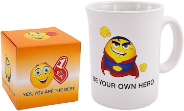 Fitto White Ceramic Mug with Superhero Emoji Print, 350ml Coffee Cup, Fun Design for Home or Office