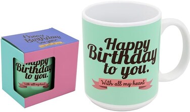 Fitto Green and White Ceramic Mug with Happy Birthday Print in Black, 350ml Coffee Cup