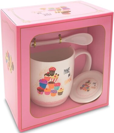 Fitto White Ceramic Mug with Spoon and Lid, Make a Wish Cupcake Design, Coffee Tea Cup